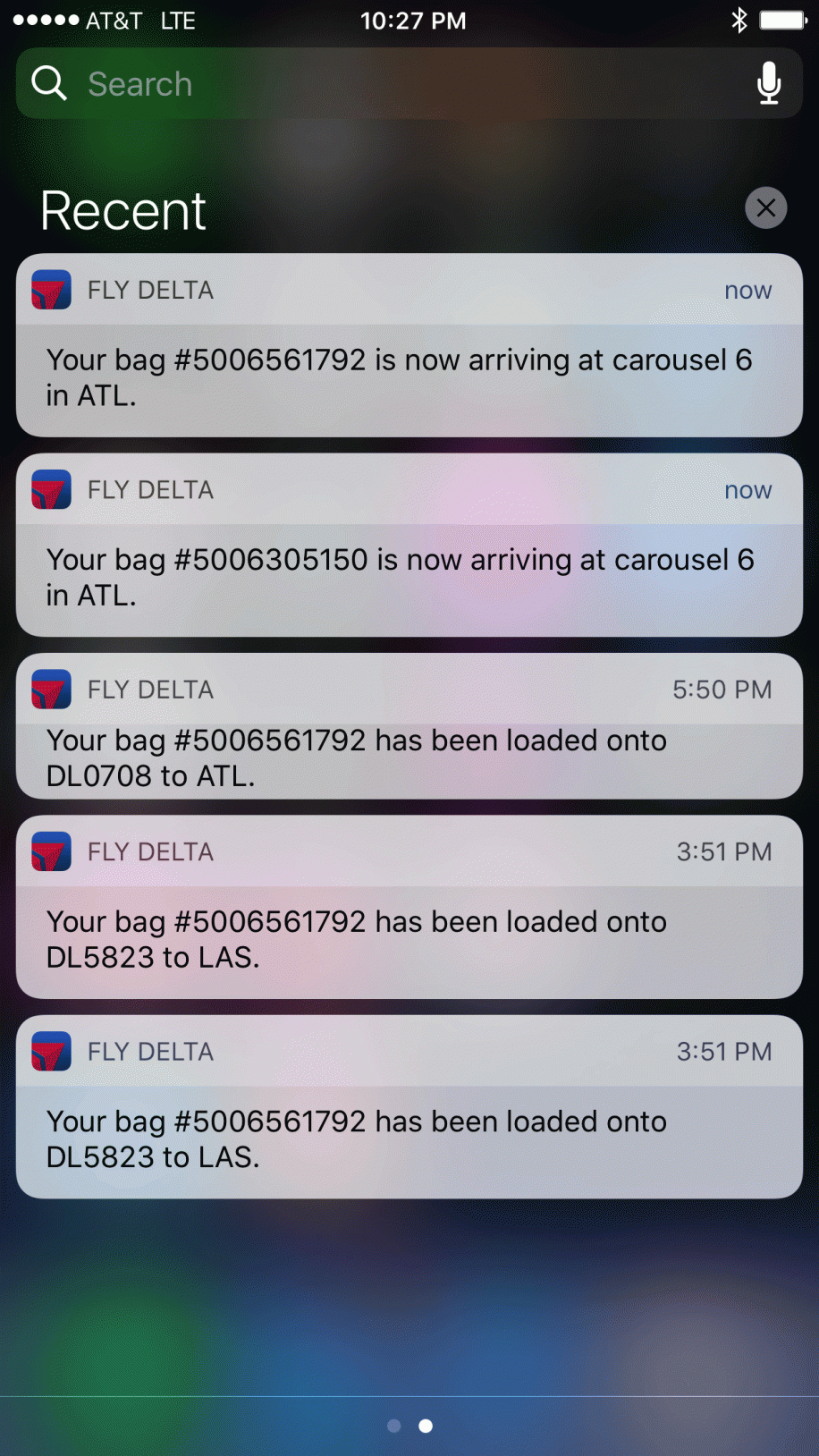 Notificaciones push app Delta Airlines para la ubicación del equipaje